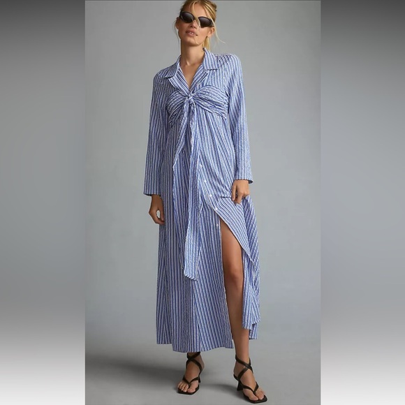 Anthropologie Dresses & Skirts - Blue & White Stripped Tie Front Maxi Shirt Dress, Coastal Chic Button Down Dress